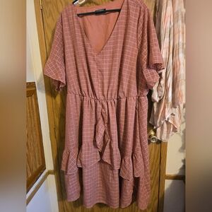 BloomChic Mauve V-Neck Tiered Ruffle Midi Dress